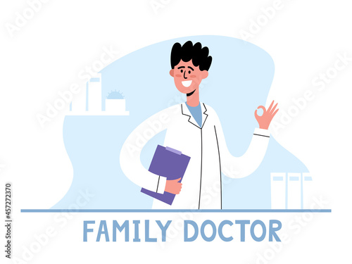 Vector illustration of family doctor showing ok on interior background