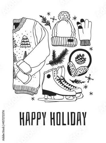 Hand drawn set with Ice Skating Things. Winter Sport vector background. Actual fashion illustration. Original doodle style drawing. Creative ink art work