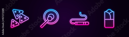 Set line Nachos, Gong, Cigar and Burrito. Glowing neon icon. Vector