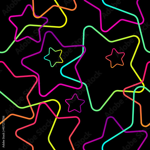 Seamless pattern with chaotic neon stars on black background. Endless abstract modern design. Eps 10.