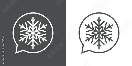 Logotipo silueta de copo de nieve en burbuja de habla en fondo gris y fondo blanco