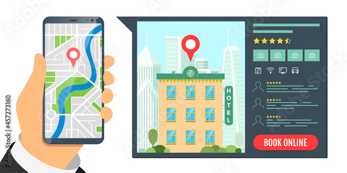 Find hotel and booking online service for vacation tourism app concept. Travel apartment mobile search and reservation banner. Motel review and location pin in city map on smartphone application. Eps