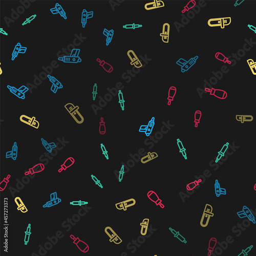 Set line Electric cordless screwdriver, Soldering iron, Chainsaw and Screwdriver on seamless pattern. Vector
