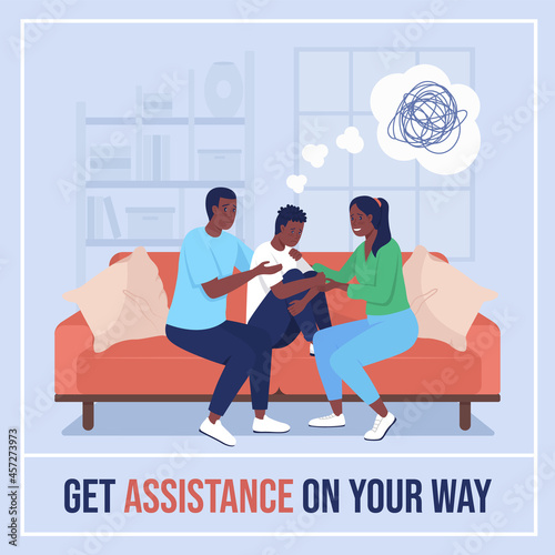 Family support for teen social media post mockup. Get assistance on your way phrase. Web banner design template. Help booster, content layout with inscription. Poster, print ads and flat illustration