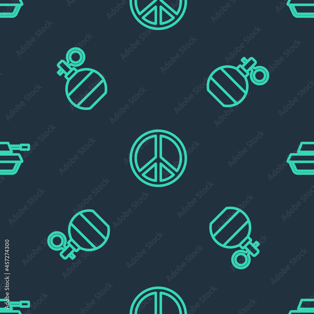 Set line Peace, Hand grenade and Military tank on seamless pattern. Vector