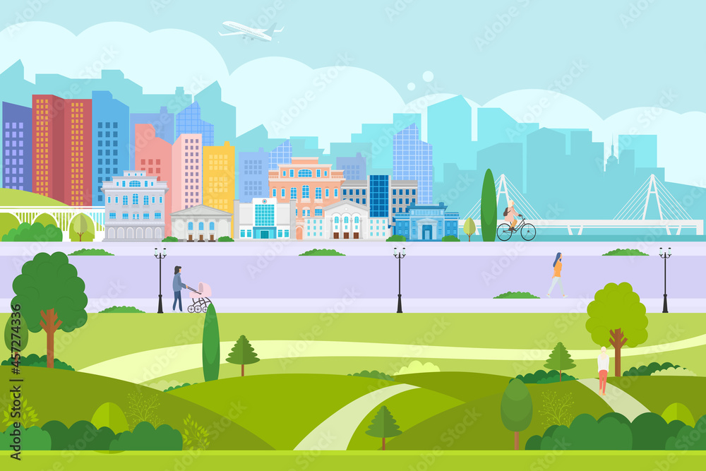 Vector poster with city view. City park with people. Modern city with skyscrapers, road and trees.