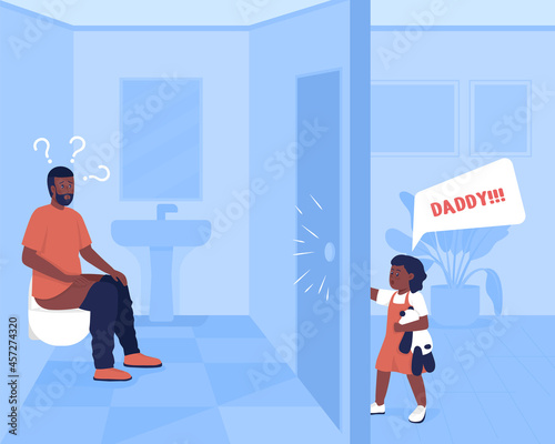 Everyday parent stress flat color vector illustration. Father in bathroom while toddler demands attention. Little girl yell for father. Family 2D cartoon characters with home interior on background