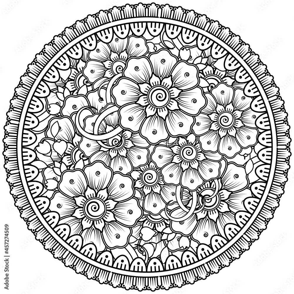 mehndi flower decorative ornament in ethnic oriental style, doodle ornament, outline hand draw.