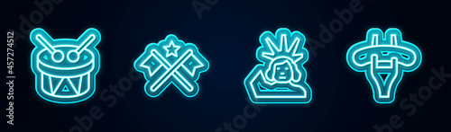 Set line Drum and drum sticks, American flag, Statue of Liberty and Sausage on the fork. Glowing neon icon. Vector