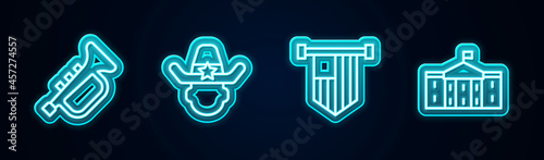 Set line Trumpet, Sheriff cowboy, American flag and United States Capitol Congress. Glowing neon icon. Vector