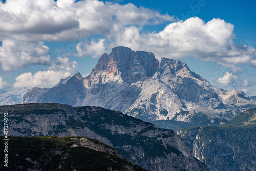 Mountain Peak of Croda Rossa D'Ampezzo or Hohe Gaisl (3146 m.) seen from the Drei Zinnen or Tre Cime di Lavaredo, Dolomites, Trentino-Alto Adige and Veneto, Bolzano and Belluno, Italy, Europe. 