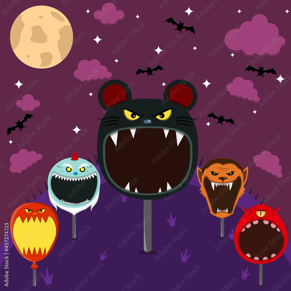 Head Monster Set in Field and Night. Big Mouse Head, Balloon, One Eye Monster, Wolf Man and Creepy Gnome.