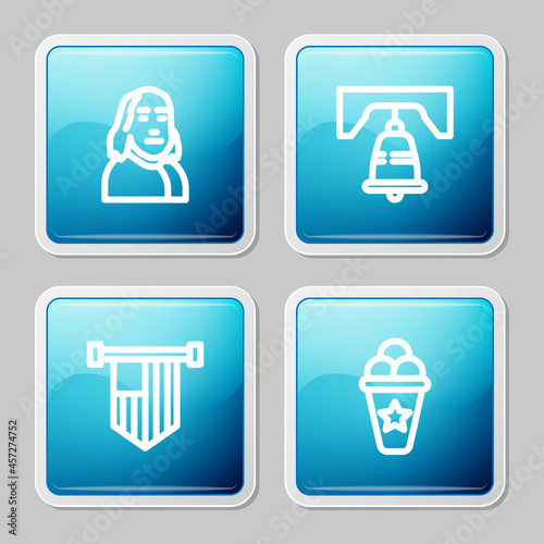 Set line Benjamin Franklin, Liberty bell Philadelphia, American flag and Ice cream waffle cone icon. Vector