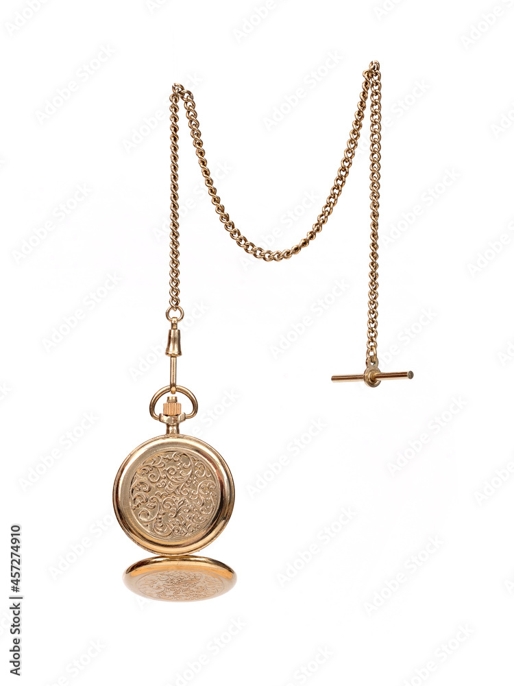 Golden pocket with chain watch isolated on a white background Golden pocket with chain watch isolated on a white background