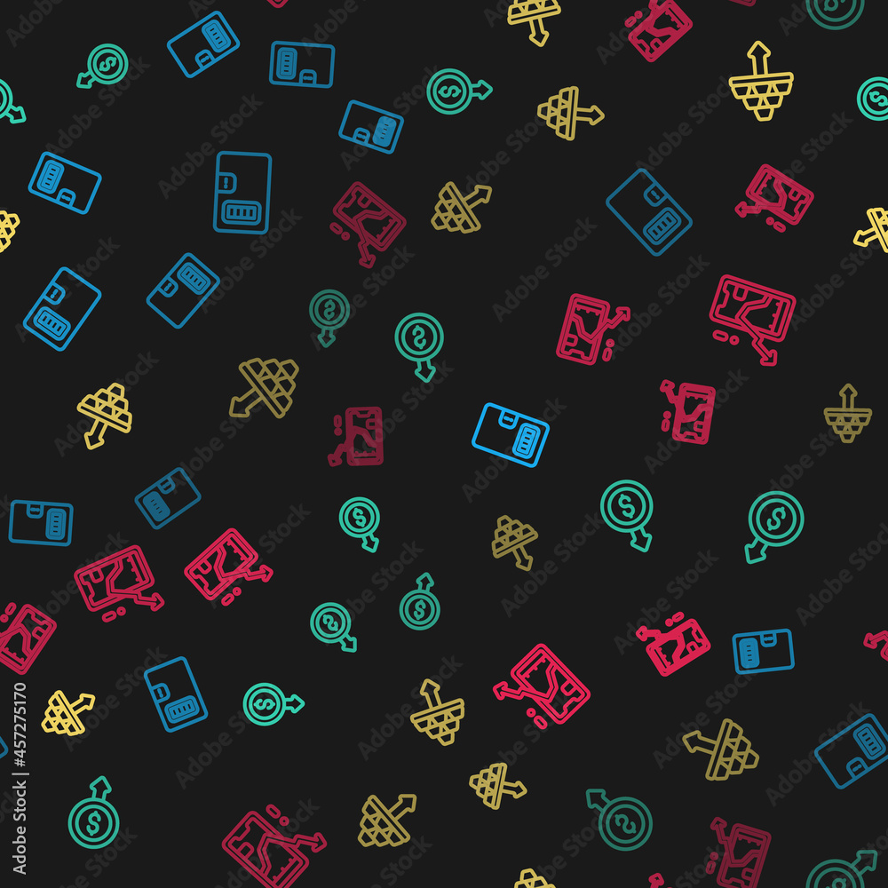 Set line Prison cell door, Dollar rate decrease, Gold bars and Mobile stock trading on seamless pattern. Vector