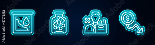 Set line Drop in crude oil price, Glass money jar with coin, Employee dismissal and Dollar rate decrease. Glowing neon icon. Vector