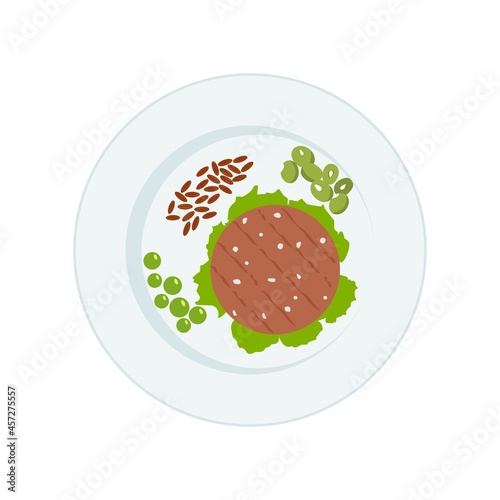 Meatless burger patty. Meat free grilled vegan steakes, healthy food.Green leaves, mung beans, brown rice,pea on the plate.  Vegan concept. Organic natural vegetarian food. Vector flat illustration.
