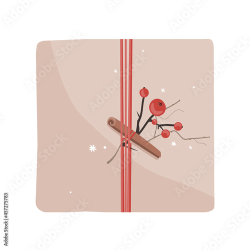 Hand drawn Christmas present in kraft paper decorated with a little bouquet. Vector illustration isolated on white