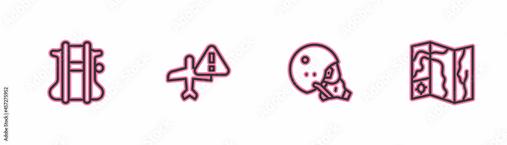 Set line Parachute, Modern pilot helmet, Warning aircraft and World travel map icon. Vector Set line Parachute, Modern pilot helmet, Warning aircraft and World travel map icon. Vector