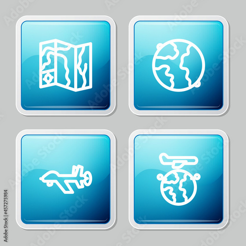 Set line World travel map, Worldwide, UAV Drone and Globe with flying plane icon. Vector