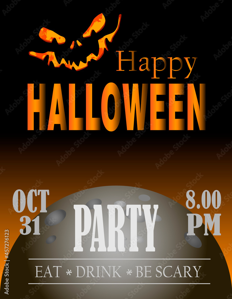 Halloween background with sinister pumpkin, trees, in black and orange colors. Halloween party flyer or invitation template. Vector graphics. Web