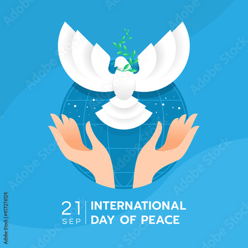 International day of peace - hands are letting front view the dove of peace to fly on blue circle world vector Design