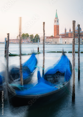 Gondolas with San Giorgio Maggiore at sunrise  Venice  Italy
