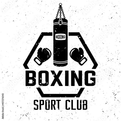 Boxing sport club championship vector monochrome emblem, label, badge or logo in vintage style on background with removable grunge textures