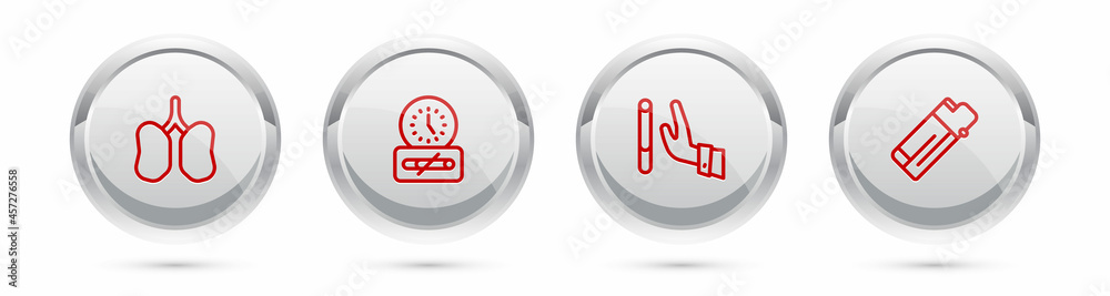 Set line Lungs, No smoking time, Giving up cigarette and Lighter. Silver circle button. Vector Set line Lungs, No smoking time, Giving up cigarette and Lighter. Silver circle button. Vector