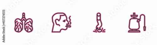 Set line Disease lungs, Cigarette butt, Man smoking cigarette and Hookah icon. Vector