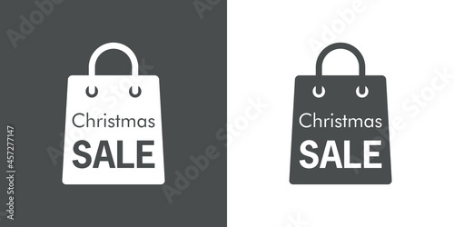 Regalos de Navidad. Logotipo con silueta de bolsa de la compra con texto Christmas Sale en fondo gris y fondo blanco