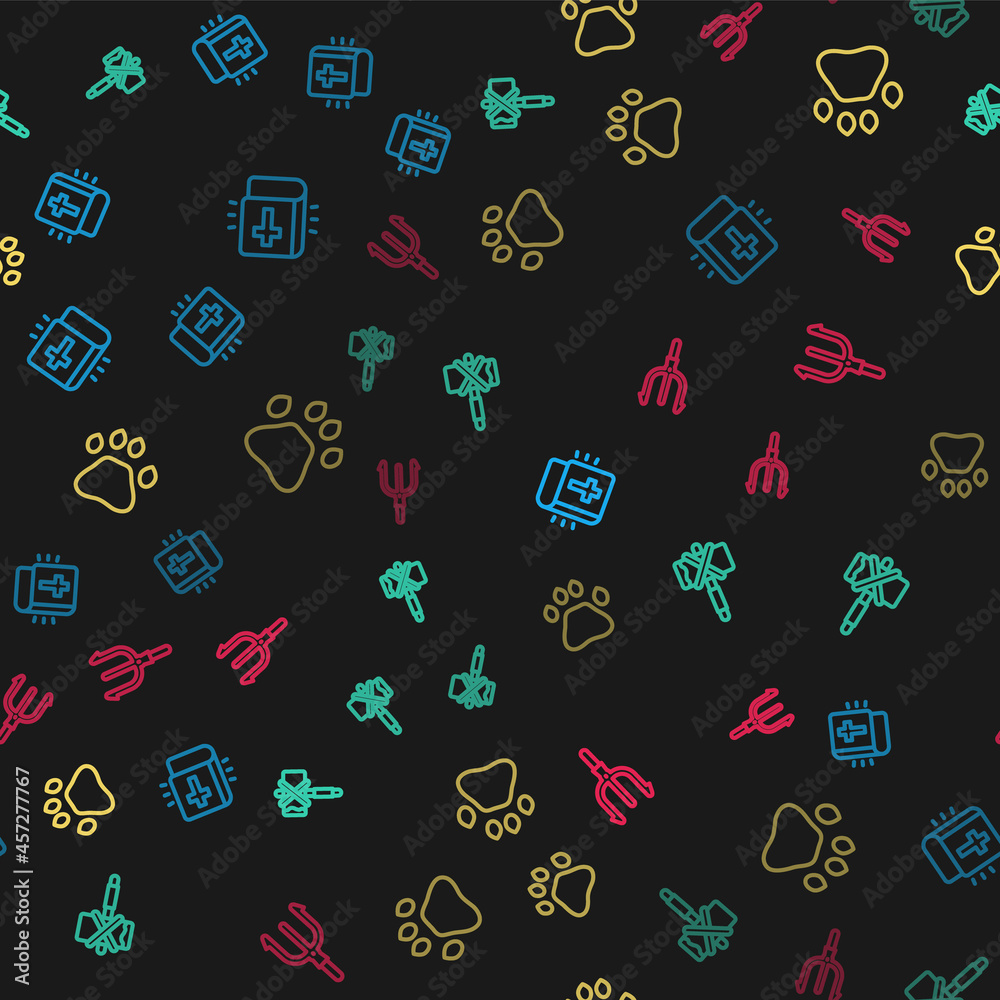 Set line Holy bible book, Medieval axe, Bear paw footprint and Neptune Trident on seamless pattern. Vector Set line Holy bible book, Medieval axe, Bear paw footprint and Neptune Trident on seamless pattern. Vector