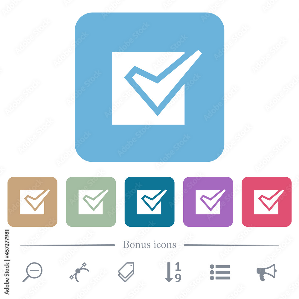 Checked box solid flat icons on color rounded square backgrounds Checked box solid flat icons on color rounded square backgrounds