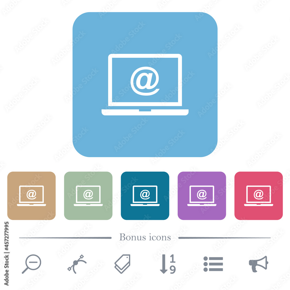 Laptop with email symbol flat icons on color rounded square backgrounds