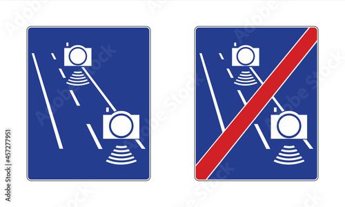 Segmental speed measurement road sign. End of speed measurement zone traffic sign. Vector illustration of blue board with information for drivers. Traffic enforcement camera symbol.