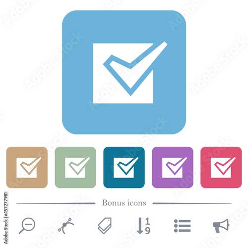 Checked box solid flat icons on color rounded square backgrounds