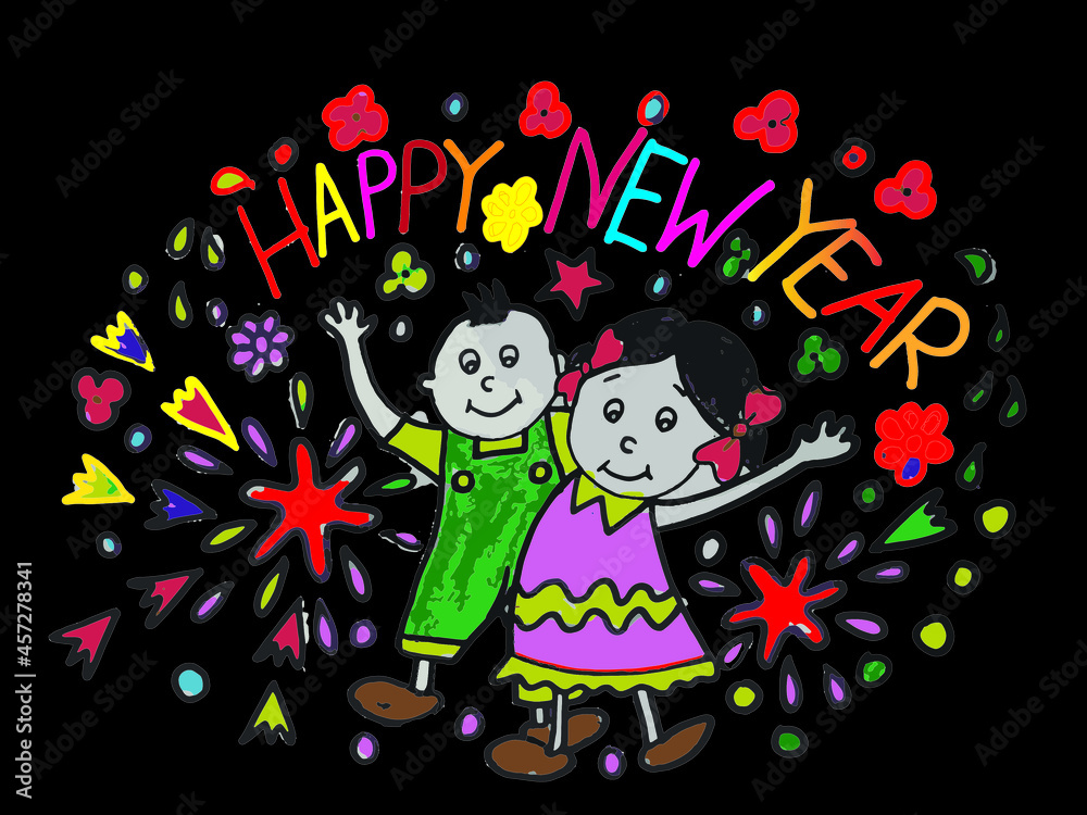 Naklejka premium WATERCOLOR HAPPY NEW YEAR COLORING PAGE,COLORING HAPPY NEW YEAR DESIGN,HAPPY NEW YEAR T SHIRT DESIGN,