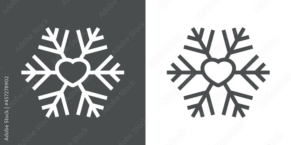 Icono plano lineal silueta de copo de nieve con corazón con lineas en fondo gris y fondo blanco