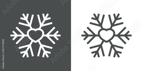 Icono plano lineal silueta de copo de nieve con corazón con lineas en fondo gris y fondo blanco