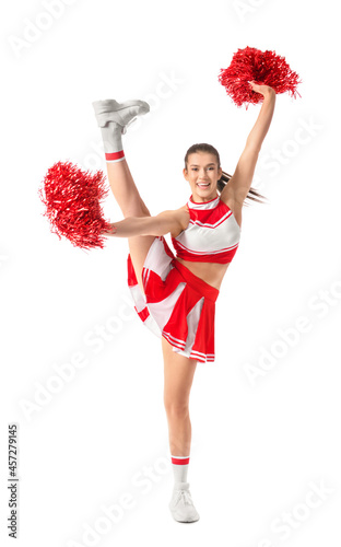 Foto Beautiful cheerleader on white background