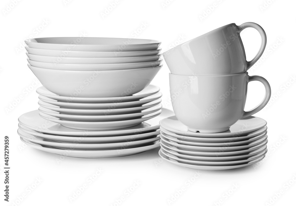 Different clean dishes on white background - obrazy, fototapety, plakaty 