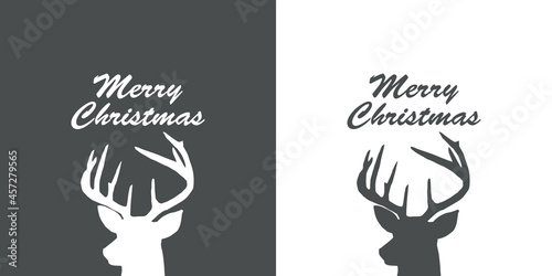 Banner con frase Merry Christmas con silueta de cabeza de reno Rudolph en fondo gris y fondo blanco