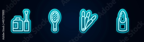Set line Bottle of nail polish  Nail file  False nails and manicure. Glowing neon icon. Vector