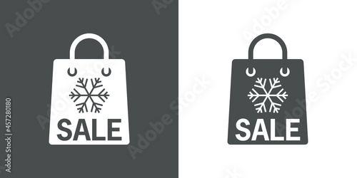 Regalos de Navidad. Logotipo con silueta de bolsa de la compra con texto Sale y copo de nieve en fondo gris y fondo blanco