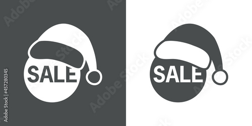 Regalos de Navidad. Logotipo con texto Sale con silueta de gorro de Papá Noel con círculo en fondo gris y fondo blanco
