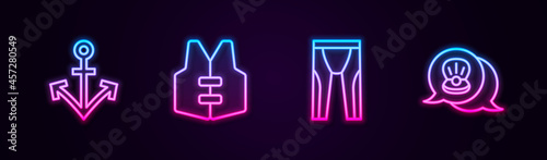 Set line Anchor, Life jacket, Wetsuit for scuba diving and Scallop sea shell. Glowing neon icon. Vector