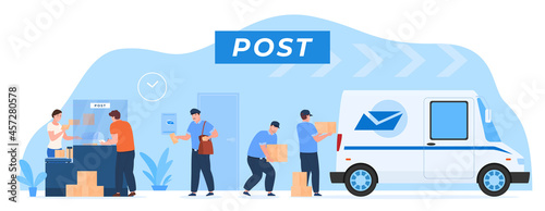 Post delivery process customer service vector flat employee of postal office working as team