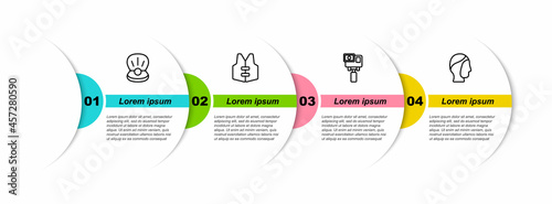 Set line Pearl, Life jacket, Action extreme camera and Diving hood. Business infographic template. Vector