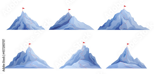 Set route to mountain peak vector flat illustration. Collection cliff climbing process success path