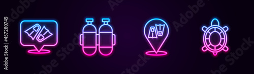 Set line Flippers for swimming, Aqualung, and Turtle. Glowing neon icon. Vector